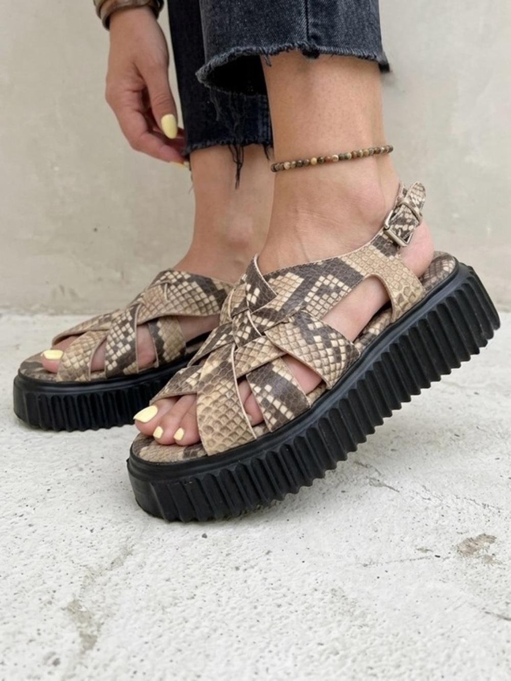 AGL Violante Woven Snake Print Leather Ribbed Platform Sandals